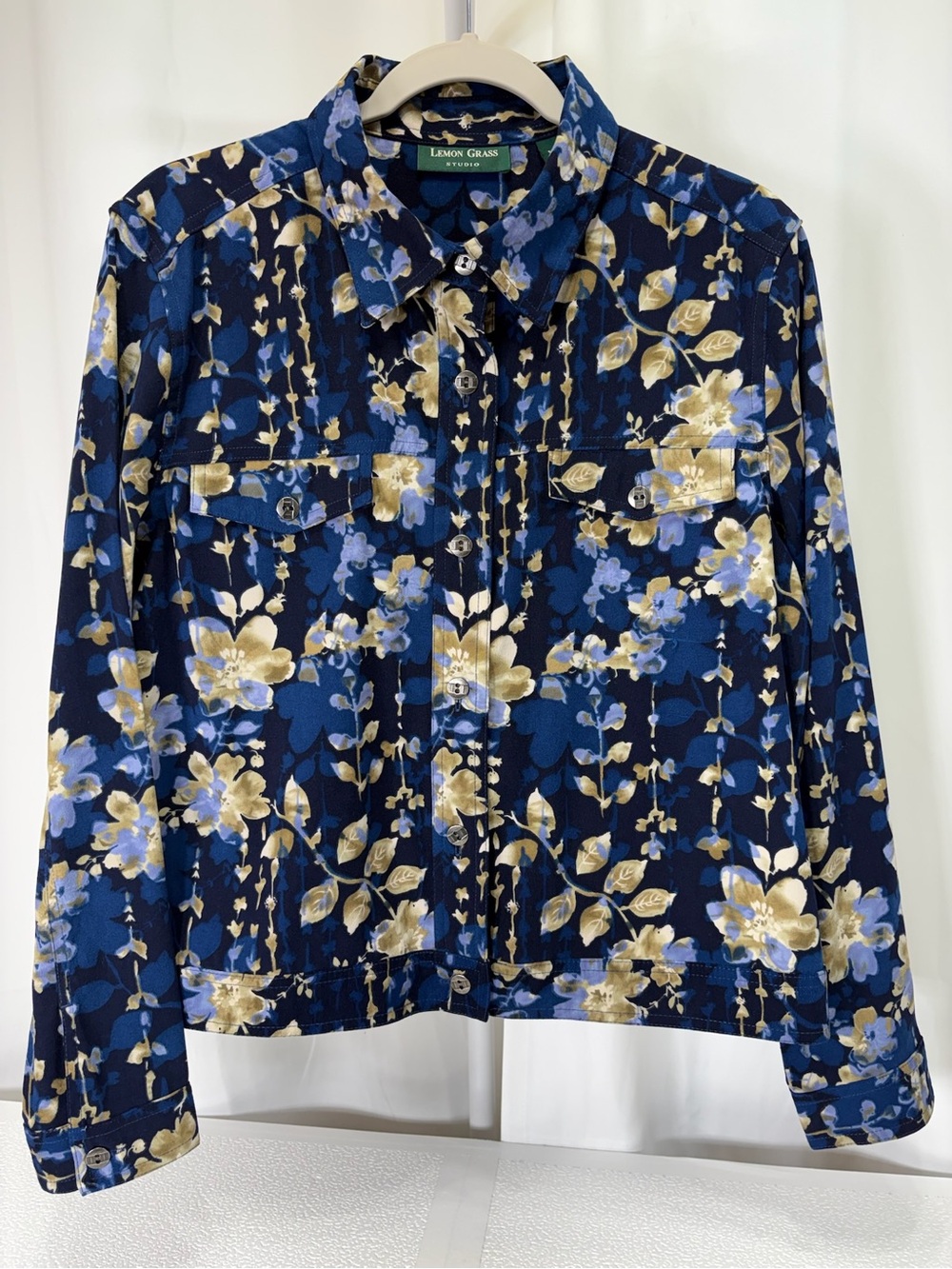 Lemon Grass Navy Floral Button-Front Jean Jacket 3821